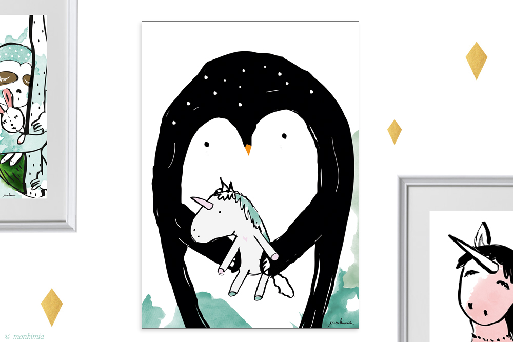 Pinguin Einhorn Poster Print A4 Kunstdruck